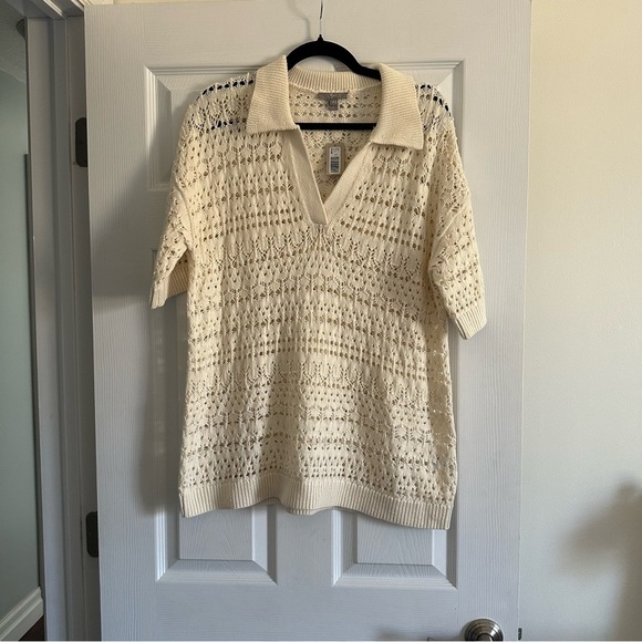 Size L Brand New Thyme Maternity Pointelle Elbow Sleeve Polo Sweater - Picture 6 of 9